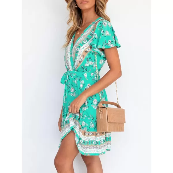 imageZESICA Womens 2023 Summer Wrap V Neck Bohemian Floral Print Ruffle Swing A Line Beach Mini DressAqua