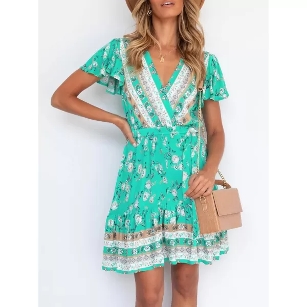 imageZESICA Womens 2023 Summer Wrap V Neck Bohemian Floral Print Ruffle Swing A Line Beach Mini DressAqua