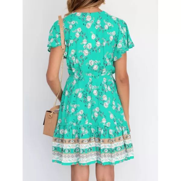 imageZESICA Womens 2023 Summer Wrap V Neck Bohemian Floral Print Ruffle Swing A Line Beach Mini DressAqua