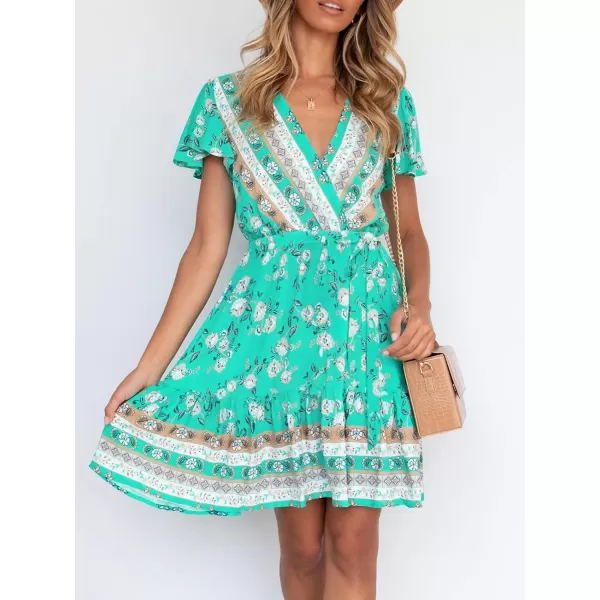 imageZESICA Womens 2023 Summer Wrap V Neck Bohemian Floral Print Ruffle Swing A Line Beach Mini DressAqua