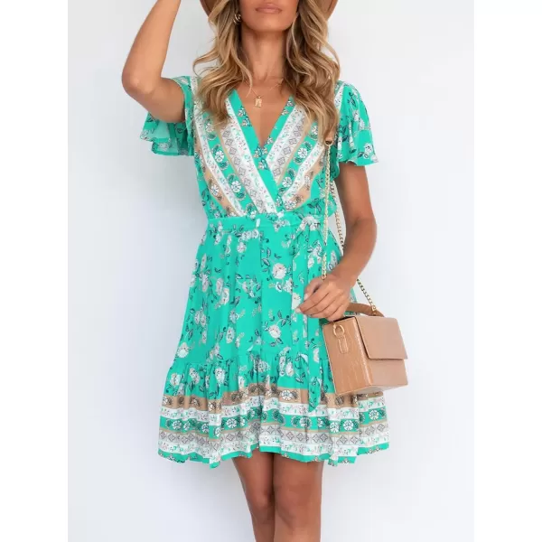 imageZESICA Womens 2023 Summer Wrap V Neck Bohemian Floral Print Ruffle Swing A Line Beach Mini DressAqua