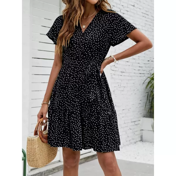 imageZESICA Womens 2023 Summer Wrap V Neck Bohemian Floral Print Ruffle Swing A Line Beach Mini DressBlack