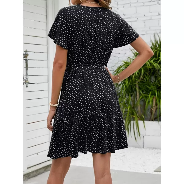 imageZESICA Womens 2023 Summer Wrap V Neck Bohemian Floral Print Ruffle Swing A Line Beach Mini DressBlack