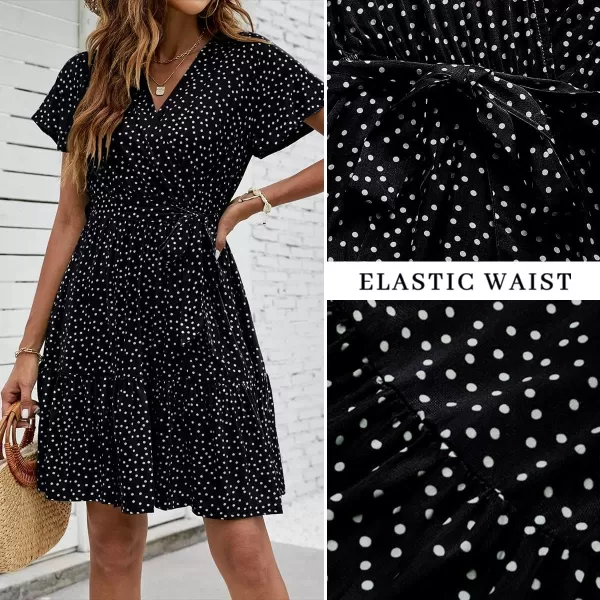 imageZESICA Womens 2023 Summer Wrap V Neck Bohemian Floral Print Ruffle Swing A Line Beach Mini DressBlack
