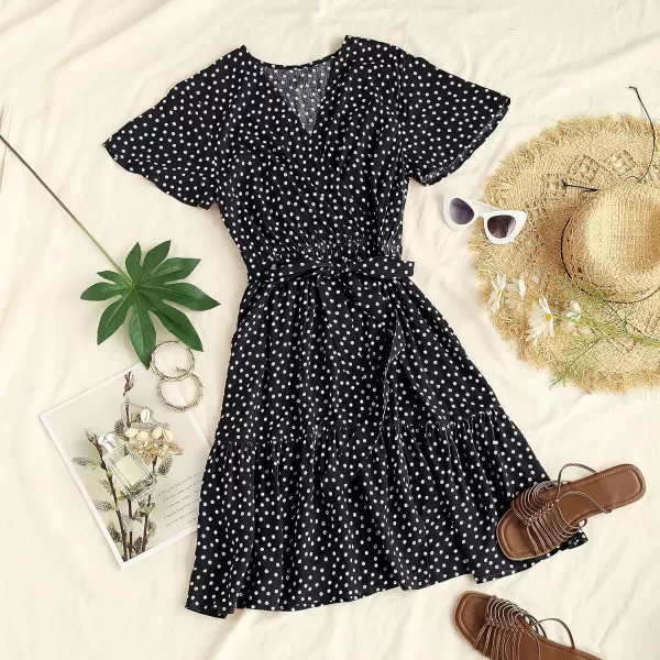 imageZESICA Womens 2023 Summer Wrap V Neck Bohemian Floral Print Ruffle Swing A Line Beach Mini DressBlack