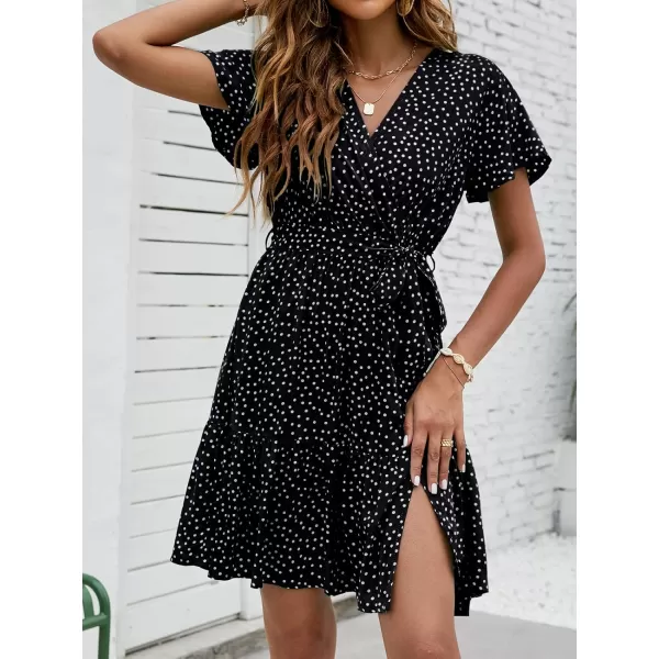 imageZESICA Womens 2023 Summer Wrap V Neck Bohemian Floral Print Ruffle Swing A Line Beach Mini DressBlack