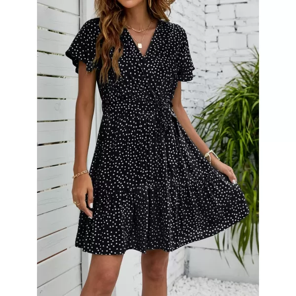 imageZESICA Womens 2023 Summer Wrap V Neck Bohemian Floral Print Ruffle Swing A Line Beach Mini DressBlack