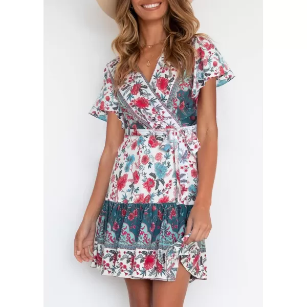 imageZESICA Womens 2023 Summer Wrap V Neck Bohemian Floral Print Ruffle Swing A Line Beach Mini DressBlackishgreen