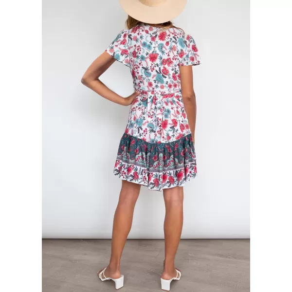 imageZESICA Womens 2023 Summer Wrap V Neck Bohemian Floral Print Ruffle Swing A Line Beach Mini DressBlackishgreen