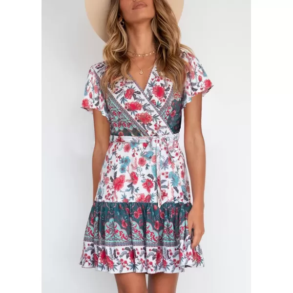 imageZESICA Womens 2023 Summer Wrap V Neck Bohemian Floral Print Ruffle Swing A Line Beach Mini DressBlackishgreen