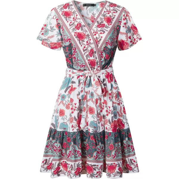 imageZESICA Womens 2023 Summer Wrap V Neck Bohemian Floral Print Ruffle Swing A Line Beach Mini DressBlackishgreen