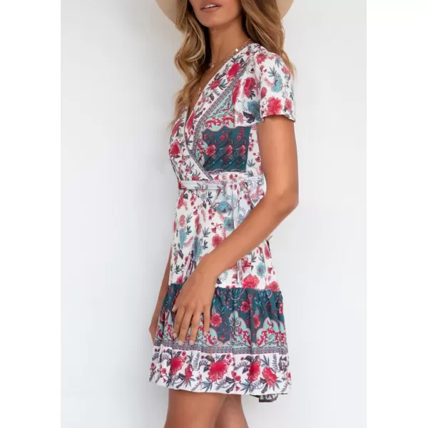 imageZESICA Womens 2023 Summer Wrap V Neck Bohemian Floral Print Ruffle Swing A Line Beach Mini DressBlackishgreen