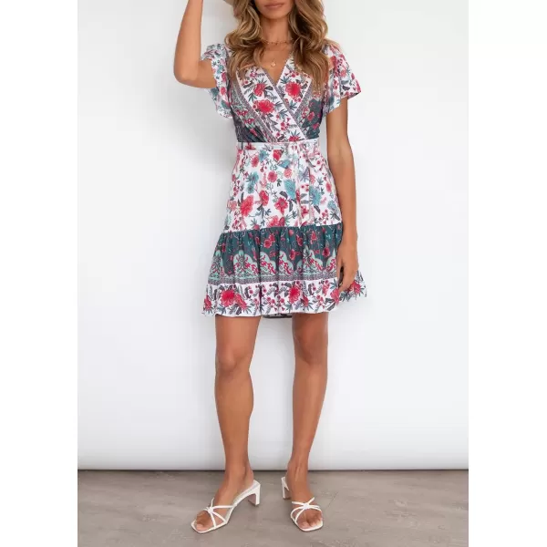 imageZESICA Womens 2023 Summer Wrap V Neck Bohemian Floral Print Ruffle Swing A Line Beach Mini DressBlackishgreen