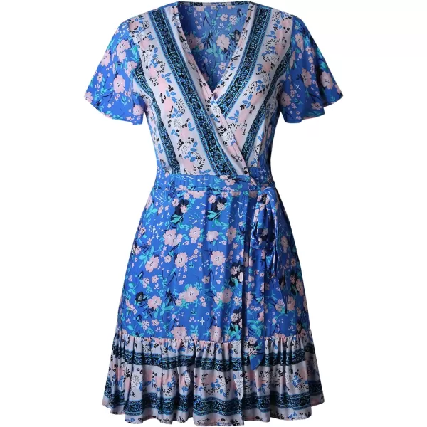 imageZESICA Womens 2023 Summer Wrap V Neck Bohemian Floral Print Ruffle Swing A Line Beach Mini DressBlue