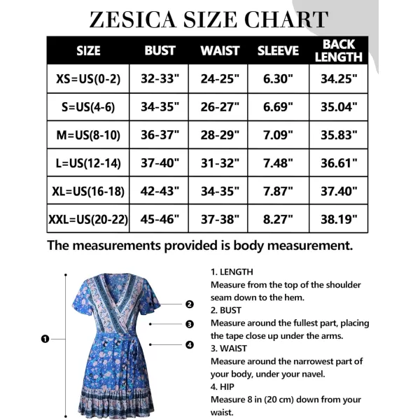 imageZESICA Womens 2023 Summer Wrap V Neck Bohemian Floral Print Ruffle Swing A Line Beach Mini DressBlue