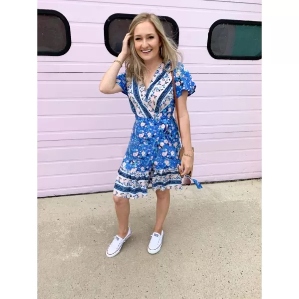 imageZESICA Womens 2023 Summer Wrap V Neck Bohemian Floral Print Ruffle Swing A Line Beach Mini DressBlue