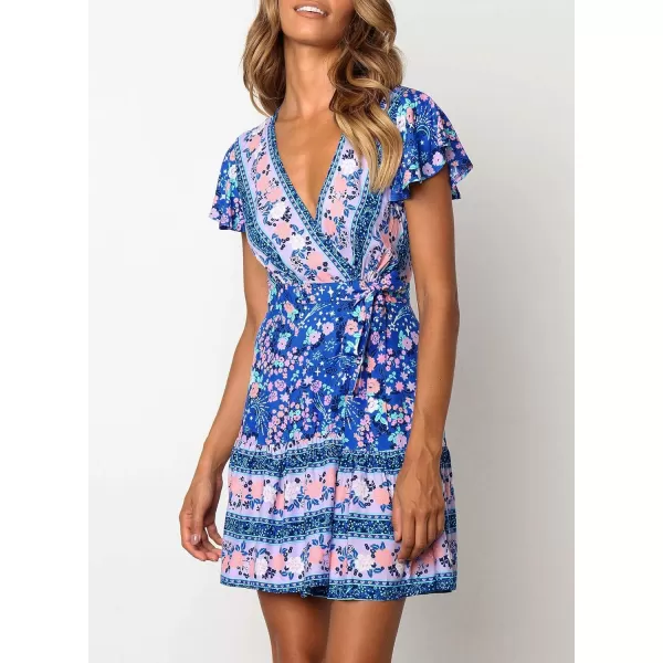 imageZESICA Womens 2023 Summer Wrap V Neck Bohemian Floral Print Ruffle Swing A Line Beach Mini DressBlue