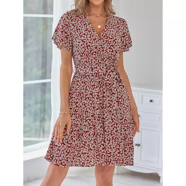 imageZESICA Womens 2023 Summer Wrap V Neck Bohemian Floral Print Ruffle Swing A Line Beach Mini DressBrickred