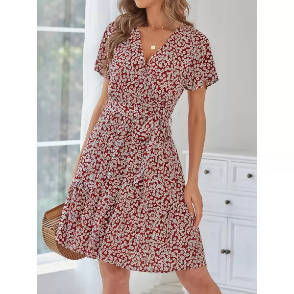 imageZESICA Womens 2023 Summer Wrap V Neck Bohemian Floral Print Ruffle Swing A Line Beach Mini DressBrickred