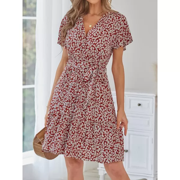 imageZESICA Womens 2023 Summer Wrap V Neck Bohemian Floral Print Ruffle Swing A Line Beach Mini DressBrickred