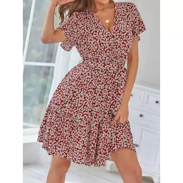 imageZESICA Womens 2023 Summer Wrap V Neck Bohemian Floral Print Ruffle Swing A Line Beach Mini DressBrickred