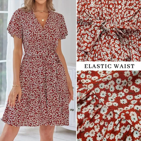 imageZESICA Womens 2023 Summer Wrap V Neck Bohemian Floral Print Ruffle Swing A Line Beach Mini DressBrickred
