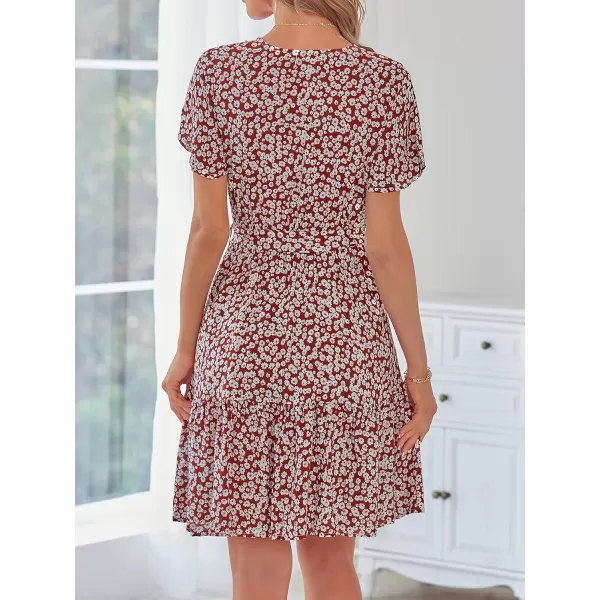 imageZESICA Womens 2023 Summer Wrap V Neck Bohemian Floral Print Ruffle Swing A Line Beach Mini DressBrickred