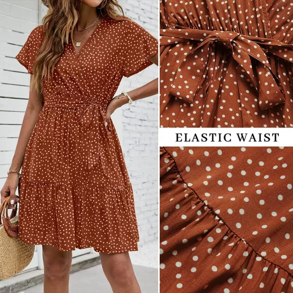 imageZESICA Womens 2023 Summer Wrap V Neck Bohemian Floral Print Ruffle Swing A Line Beach Mini DressBrown