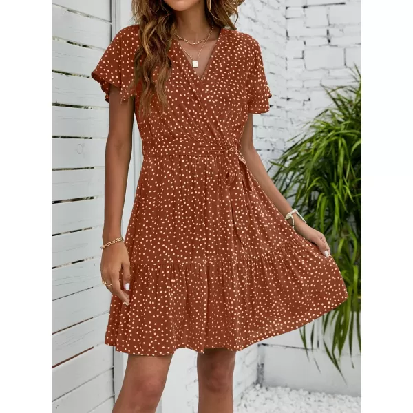 imageZESICA Womens 2023 Summer Wrap V Neck Bohemian Floral Print Ruffle Swing A Line Beach Mini DressBrown