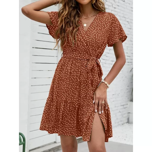 imageZESICA Womens 2023 Summer Wrap V Neck Bohemian Floral Print Ruffle Swing A Line Beach Mini DressBrown