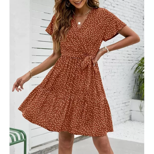 imageZESICA Womens 2023 Summer Wrap V Neck Bohemian Floral Print Ruffle Swing A Line Beach Mini DressBrown