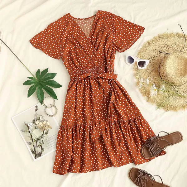 imageZESICA Womens 2023 Summer Wrap V Neck Bohemian Floral Print Ruffle Swing A Line Beach Mini DressBrown