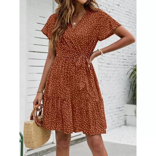 imageZESICA Womens 2023 Summer Wrap V Neck Bohemian Floral Print Ruffle Swing A Line Beach Mini DressBrown