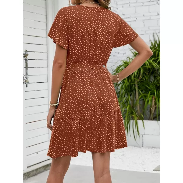 imageZESICA Womens 2023 Summer Wrap V Neck Bohemian Floral Print Ruffle Swing A Line Beach Mini DressBrown