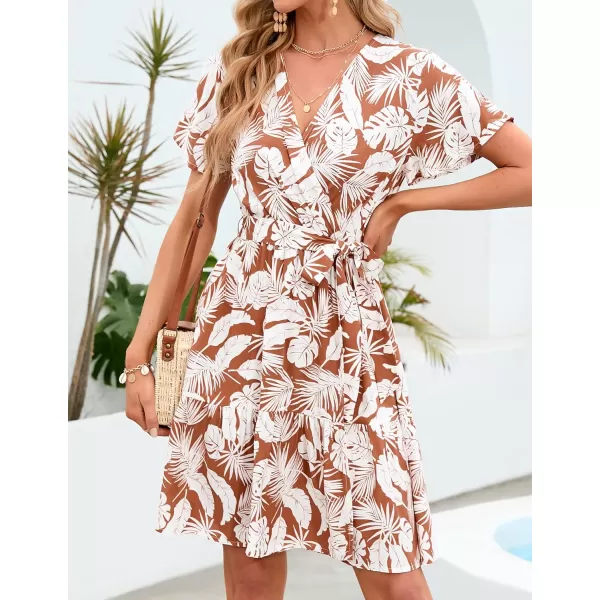 imageZESICA Womens 2023 Summer Wrap V Neck Bohemian Floral Print Ruffle Swing A Line Beach Mini DressCaramel