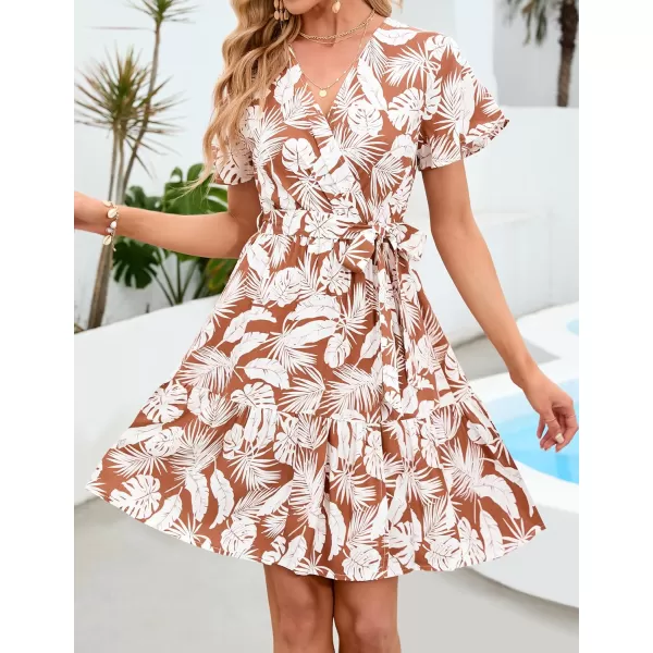 imageZESICA Womens 2023 Summer Wrap V Neck Bohemian Floral Print Ruffle Swing A Line Beach Mini DressCaramel