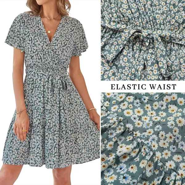 imageZESICA Womens 2023 Summer Wrap V Neck Bohemian Floral Print Ruffle Swing A Line Beach Mini DressDustygreen