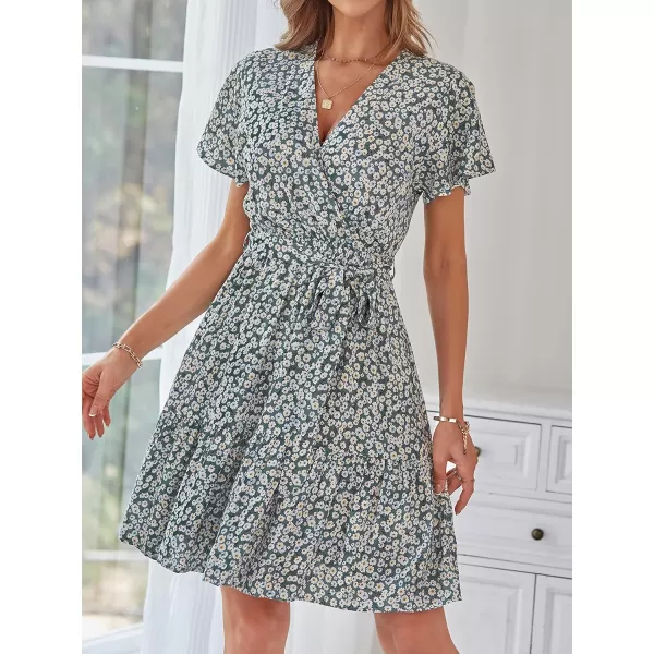 imageZESICA Womens 2023 Summer Wrap V Neck Bohemian Floral Print Ruffle Swing A Line Beach Mini DressDustygreen
