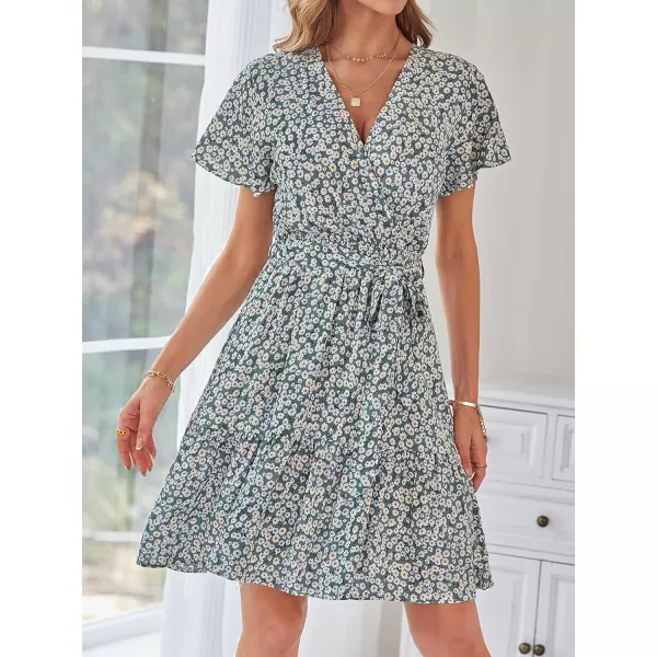 imageZESICA Womens 2023 Summer Wrap V Neck Bohemian Floral Print Ruffle Swing A Line Beach Mini DressDustygreen
