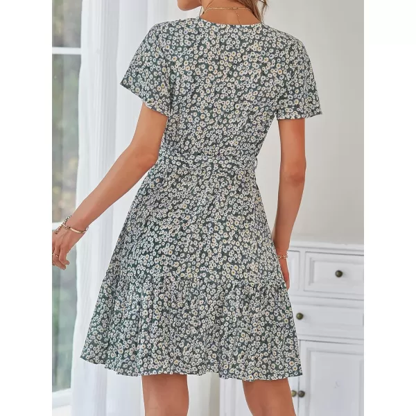 imageZESICA Womens 2023 Summer Wrap V Neck Bohemian Floral Print Ruffle Swing A Line Beach Mini DressDustygreen