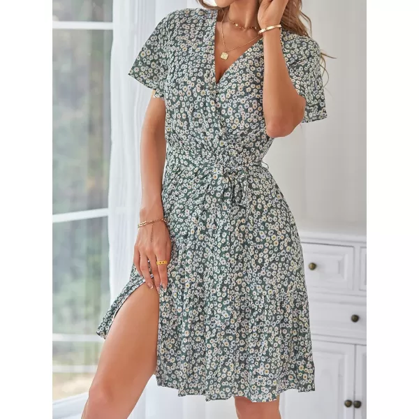imageZESICA Womens 2023 Summer Wrap V Neck Bohemian Floral Print Ruffle Swing A Line Beach Mini DressDustygreen