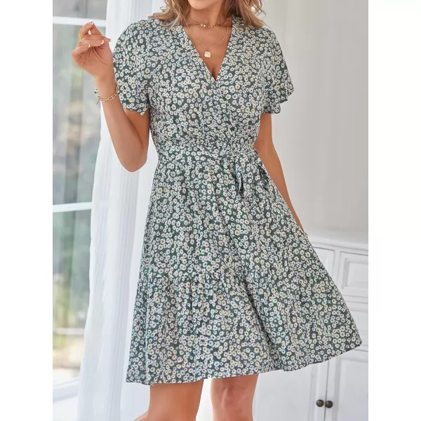 imageZESICA Womens 2023 Summer Wrap V Neck Bohemian Floral Print Ruffle Swing A Line Beach Mini DressDustygreen
