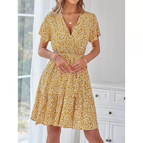 imageZESICA Womens 2023 Summer Wrap V Neck Bohemian Floral Print Ruffle Swing A Line Beach Mini DressGinger