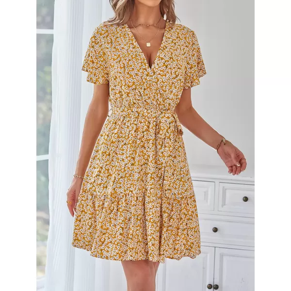 imageZESICA Womens 2023 Summer Wrap V Neck Bohemian Floral Print Ruffle Swing A Line Beach Mini DressGinger