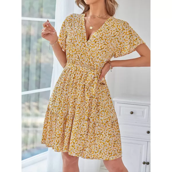 imageZESICA Womens 2023 Summer Wrap V Neck Bohemian Floral Print Ruffle Swing A Line Beach Mini DressGinger