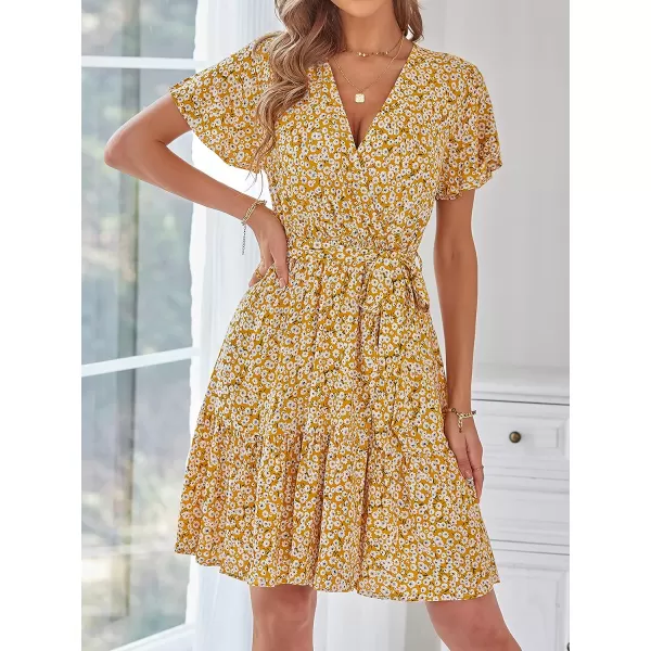 imageZESICA Womens 2023 Summer Wrap V Neck Bohemian Floral Print Ruffle Swing A Line Beach Mini DressGinger