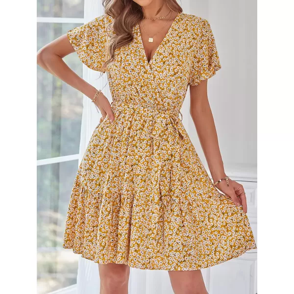 imageZESICA Womens 2023 Summer Wrap V Neck Bohemian Floral Print Ruffle Swing A Line Beach Mini DressGinger