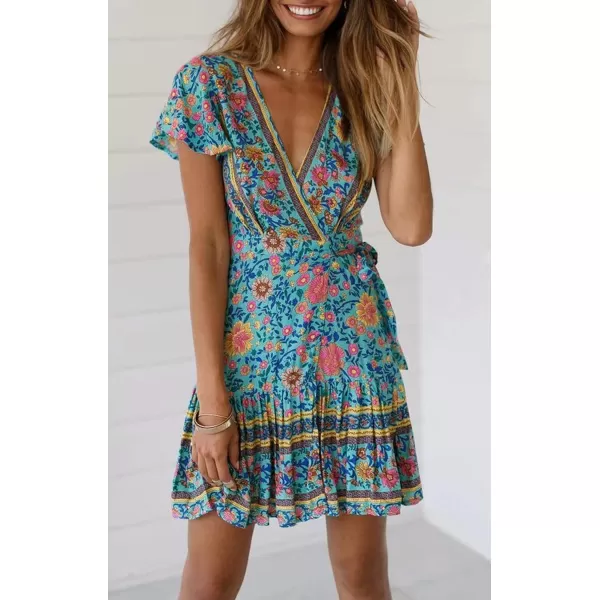 imageZESICA Womens 2023 Summer Wrap V Neck Bohemian Floral Print Ruffle Swing A Line Beach Mini DressGreen