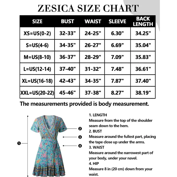 imageZESICA Womens 2023 Summer Wrap V Neck Bohemian Floral Print Ruffle Swing A Line Beach Mini DressGreen