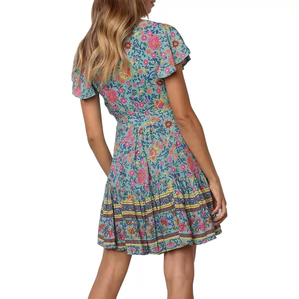 imageZESICA Womens 2023 Summer Wrap V Neck Bohemian Floral Print Ruffle Swing A Line Beach Mini DressGreen